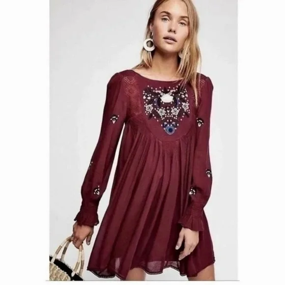 Free People Burgundy Embroidered Dress - Picture 1 of 15
